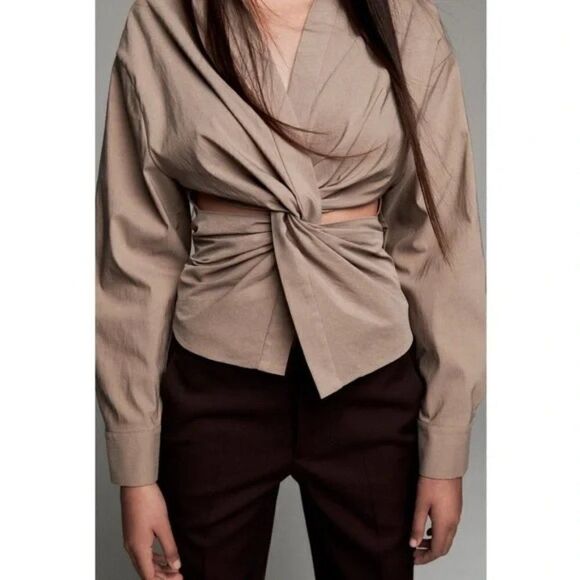 ZARA Cut Out Shirt Taupe Brown - Picture 12 of 14